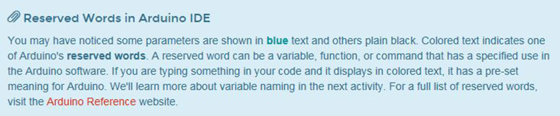 reserved words in Arduino