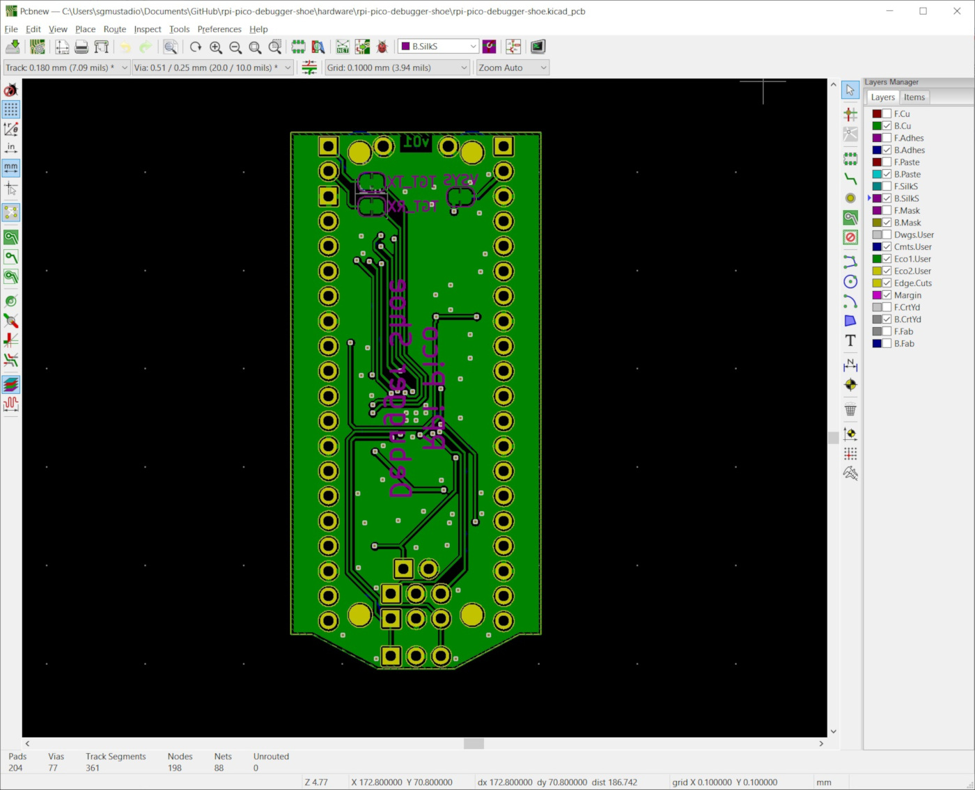 Bottom layer of RP2040 PCB in KiCad