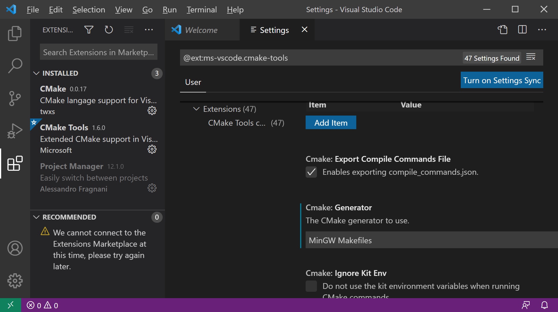 Select CMake generator in VS Code