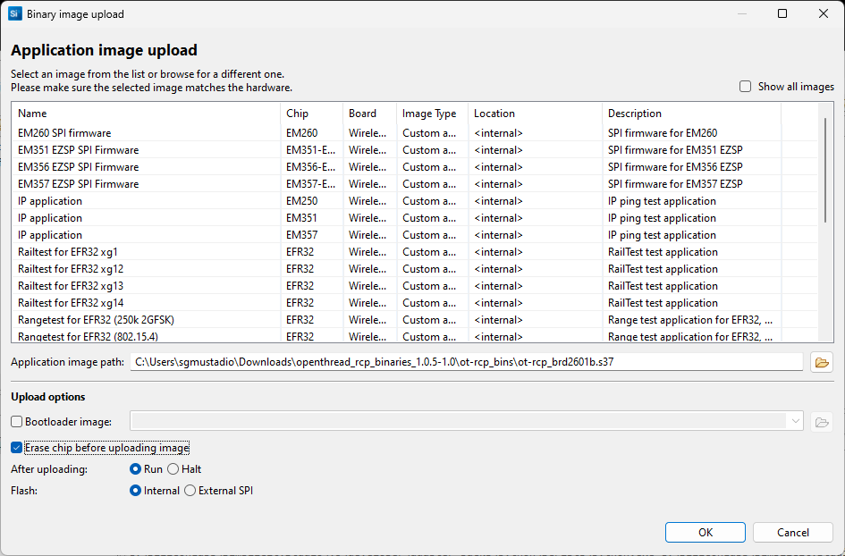 Select RCP firmware to flash to BRD2601B