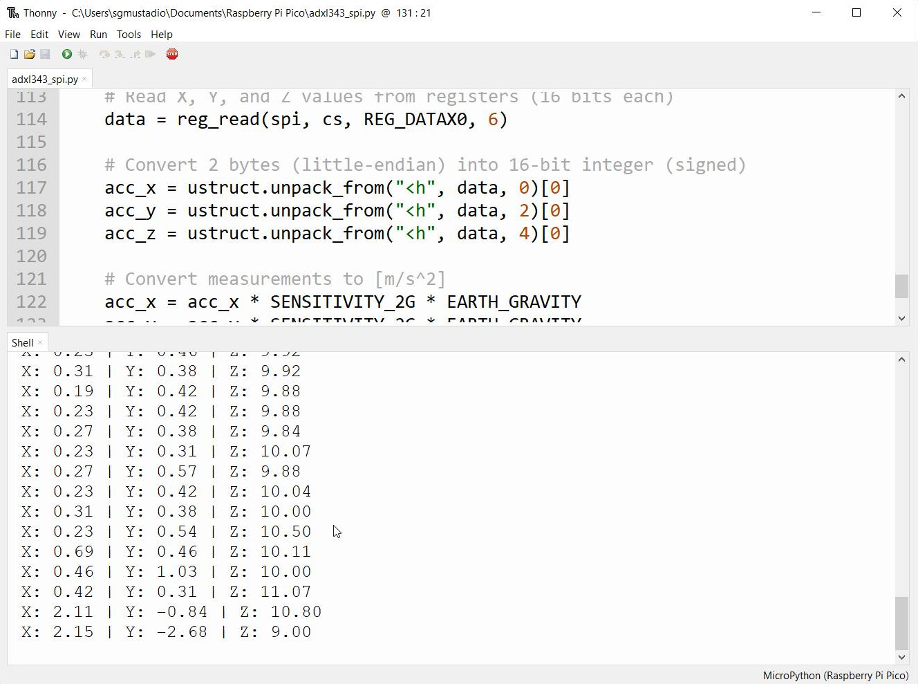 Reading accelerometer values with MicroPython