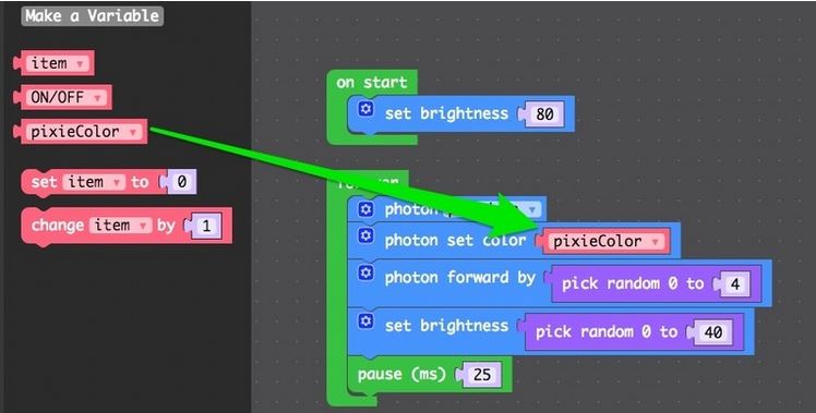 pixieColor Variable Block onto the Photon Set Color