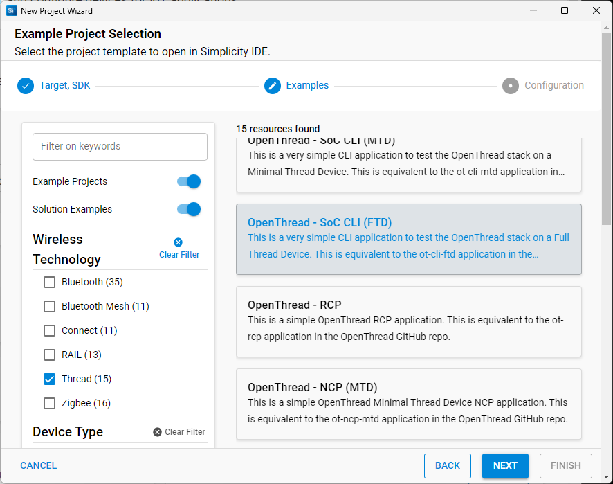 Select example Thread project in Simplicity Studio