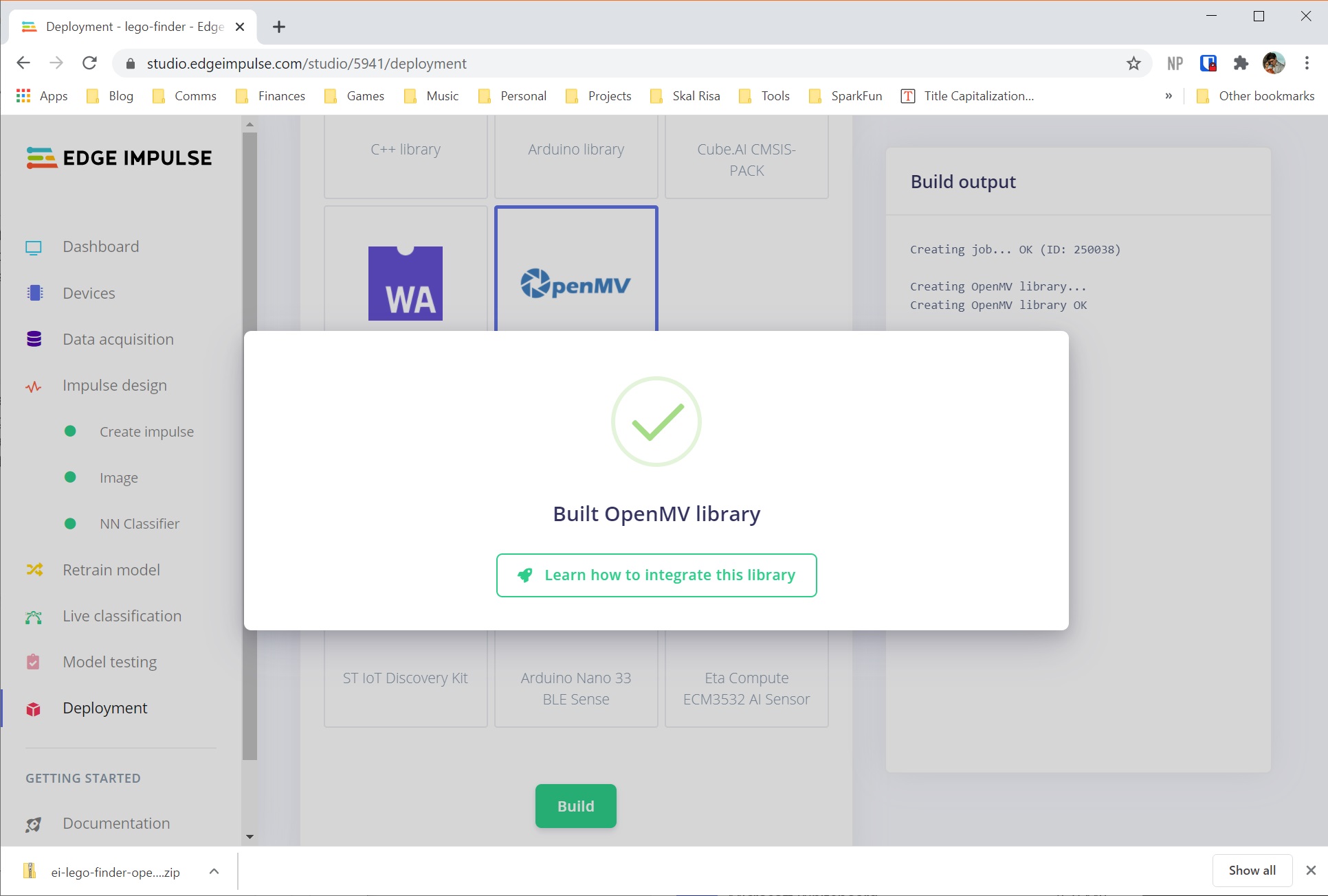 Build TensorFlow Lite model in Edge Impulse