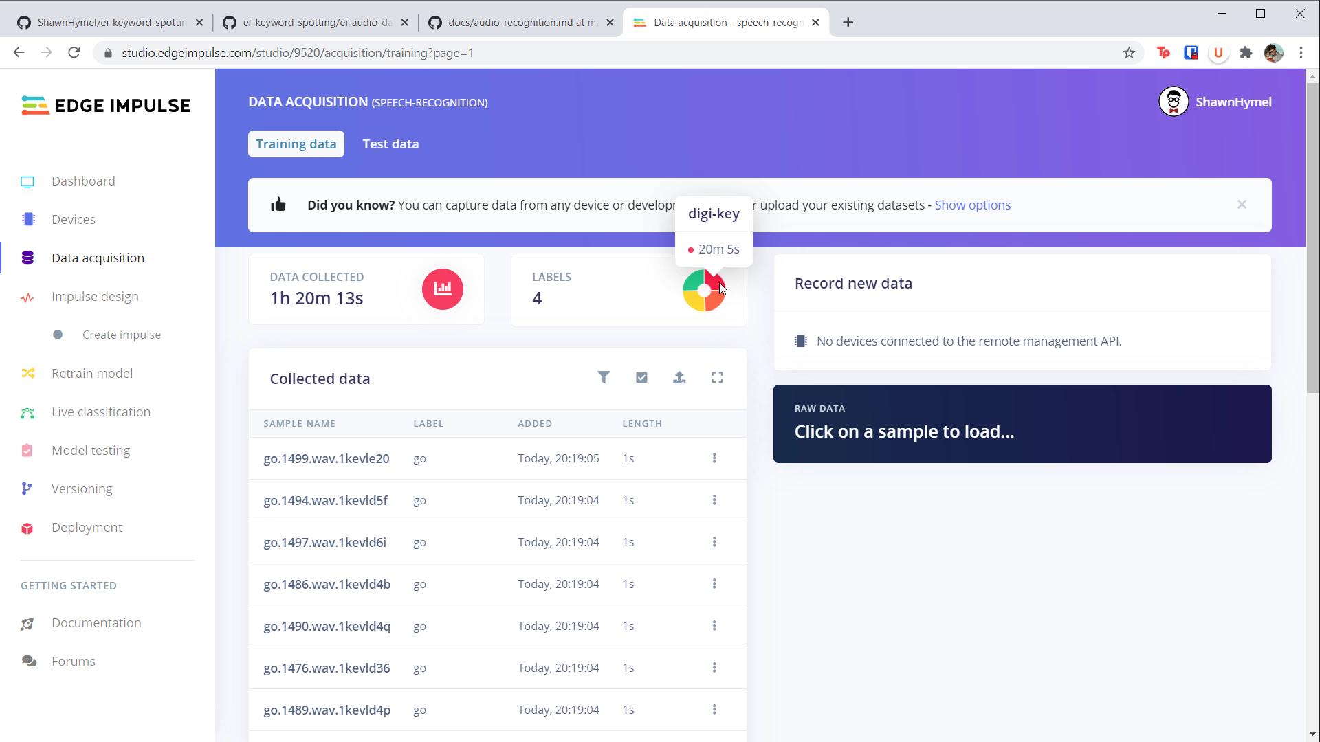 Edge Impulse - Viewing categories of uploaded samples