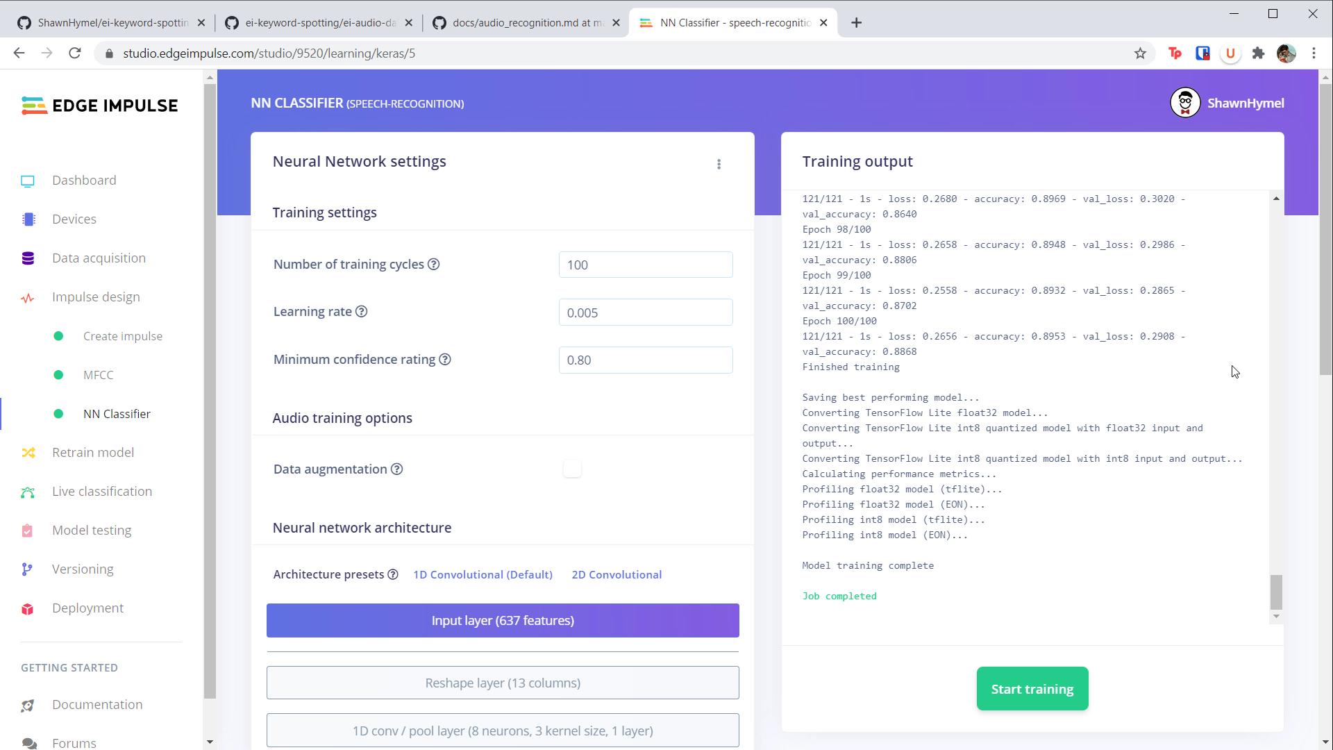 Edge Impulse - training a neural network