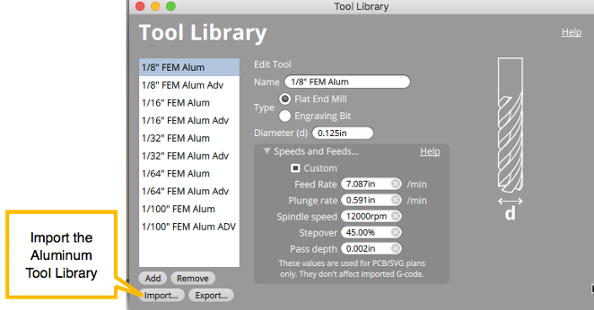 Open tool library in Otherplan/import the .json file