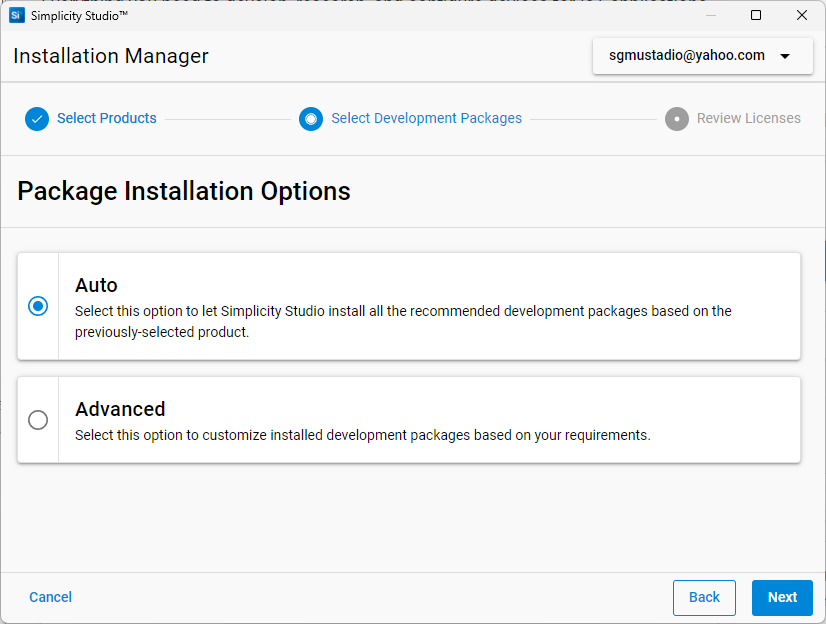 Simplicity Studio package installation options