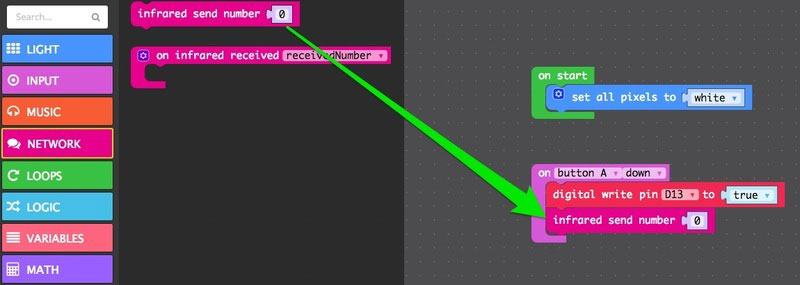 Drag IR send number into on button A down loop