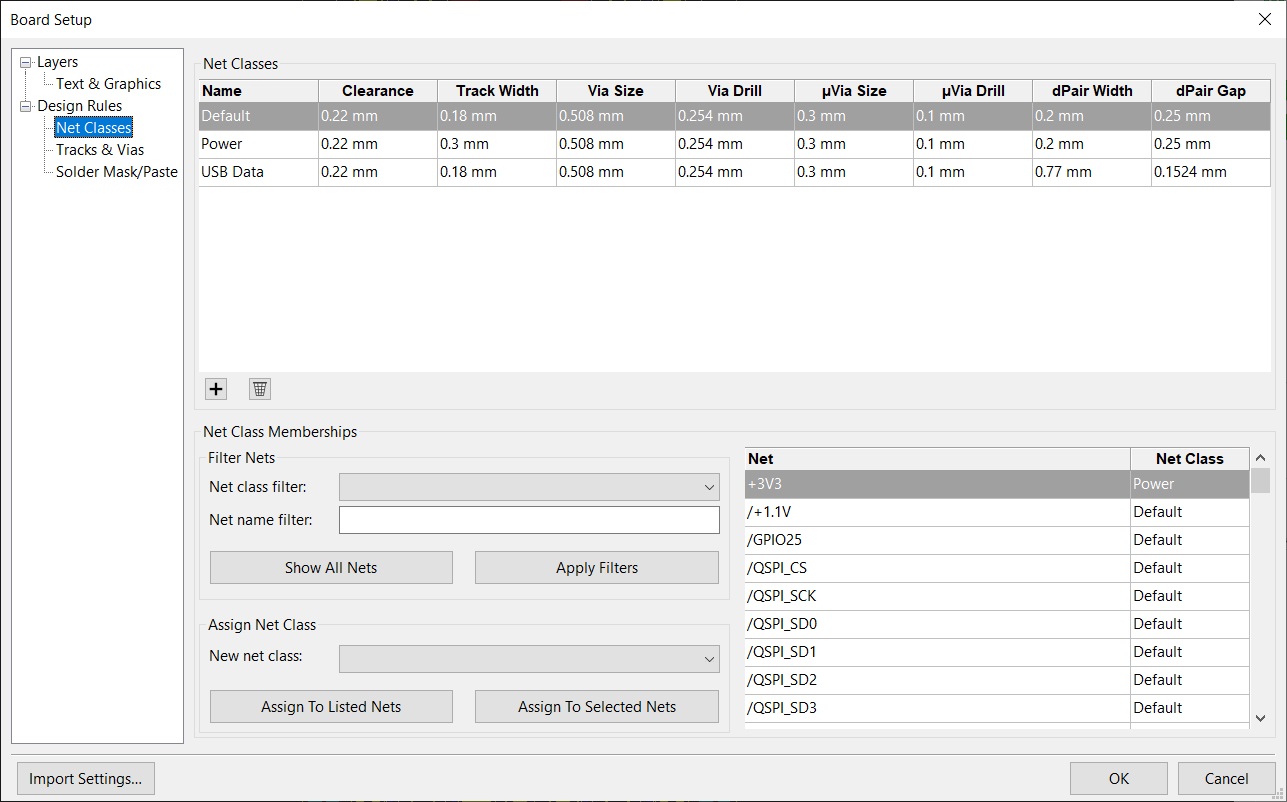 Setting net class rules in KiCad