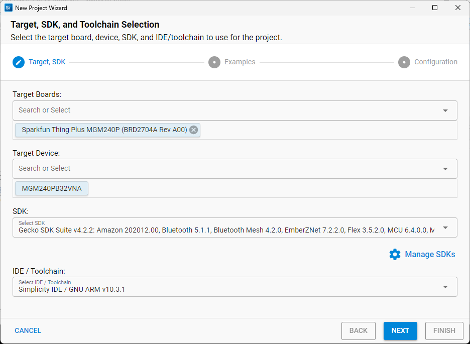 Select target SDK and toolchain in Simplicity Studio