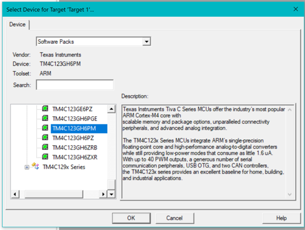 Select the TM4C123GH6PM Microcontroller