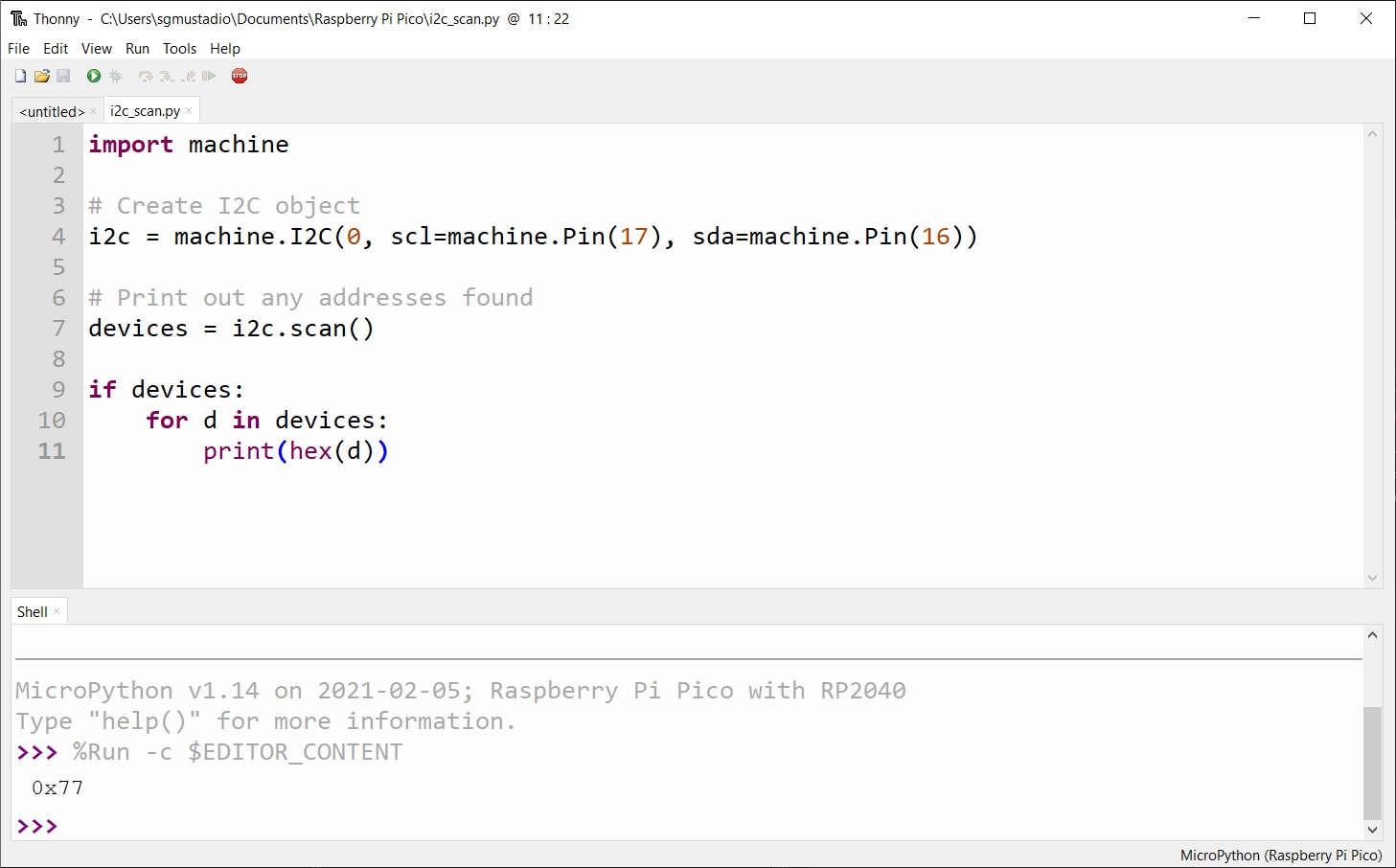 Scanning I2C bus with MicroPython