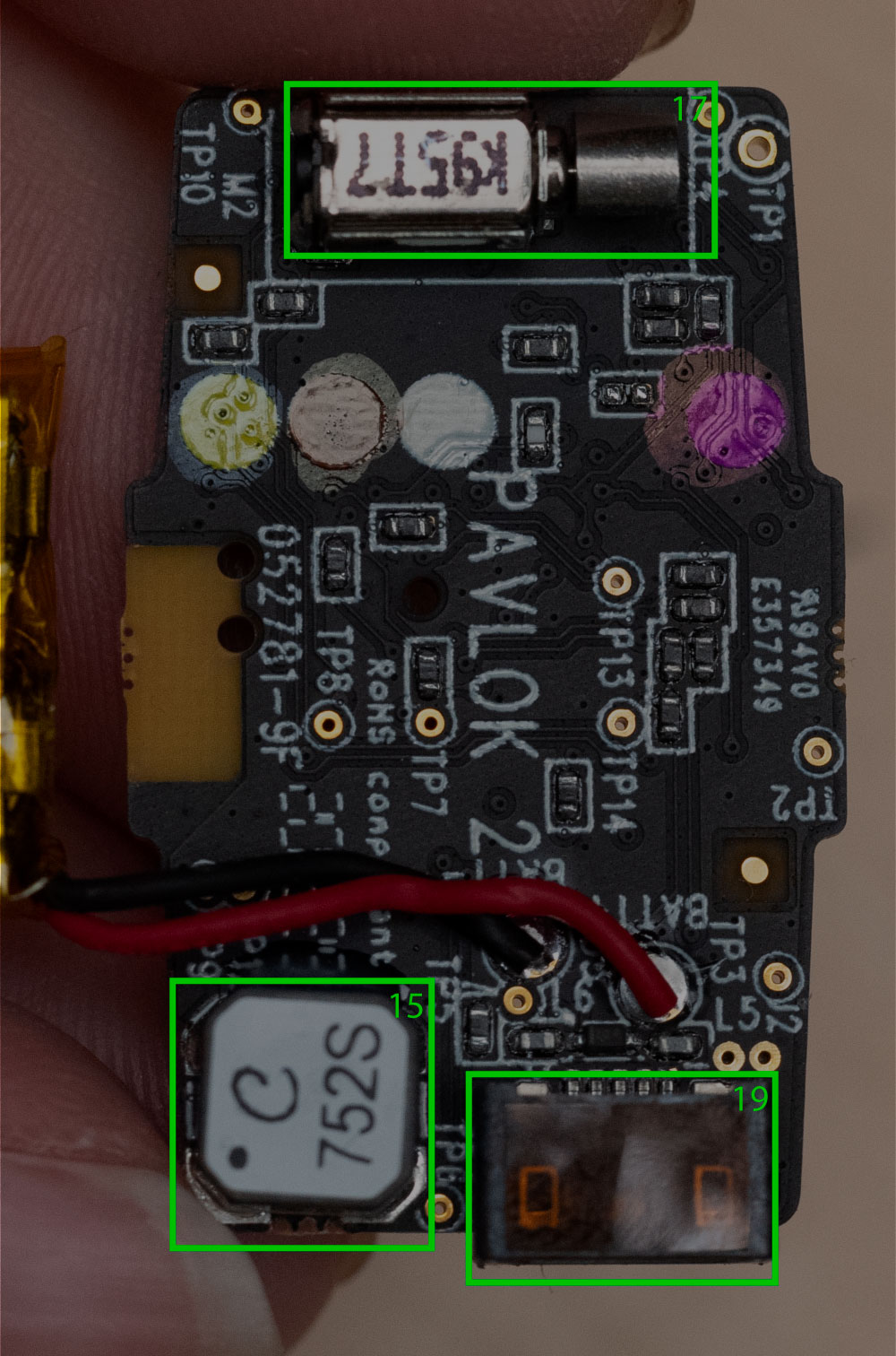 Parts identified on the other side of the board