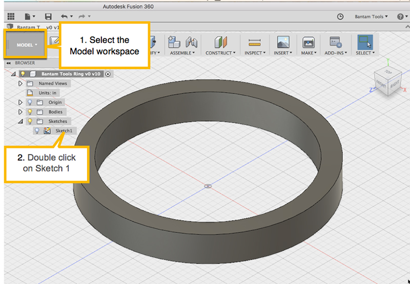 Select Model workspace/double-click on Sketch 1