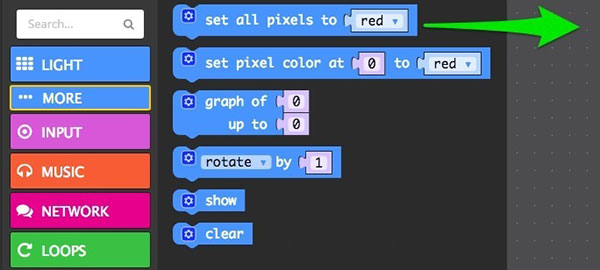 drag into start loop a set all pixels to red block 