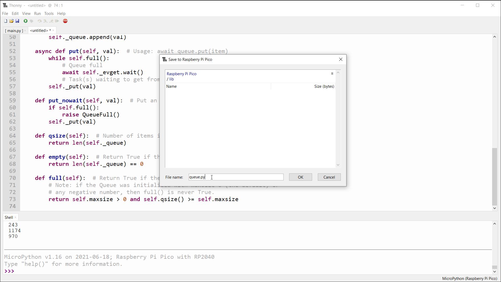 Saving queue library in Thonny