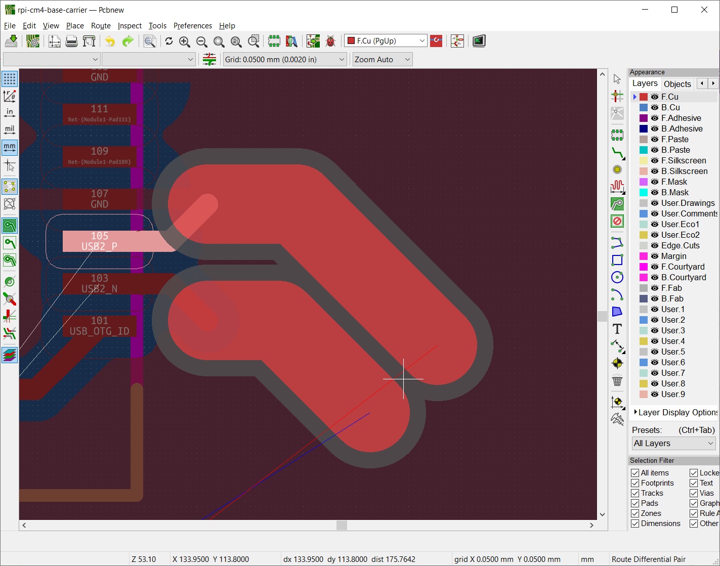 KiCad routing differential pair