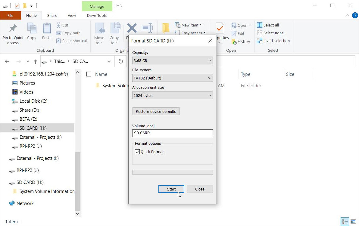 Format SD card on Windows