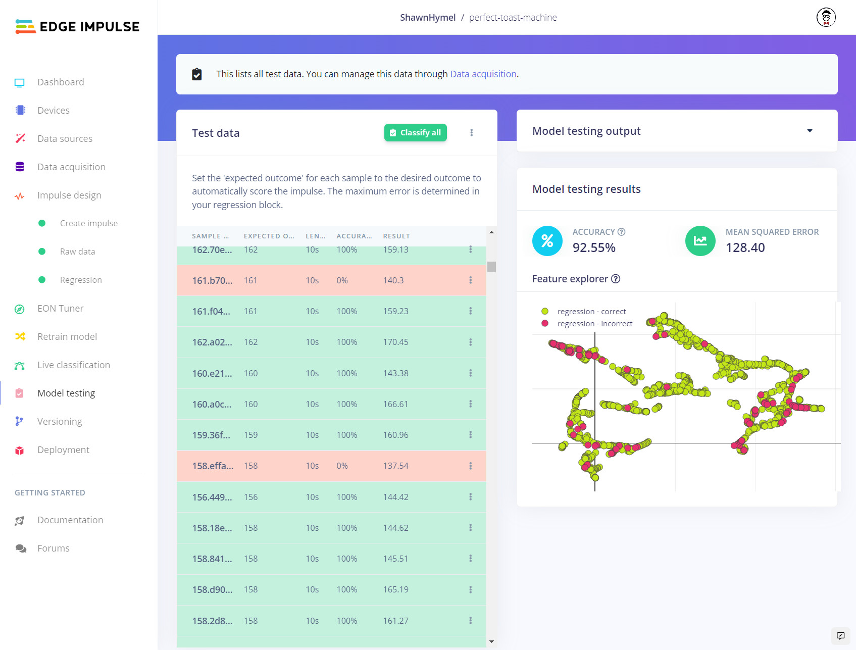 Model testing in Edge Impulse