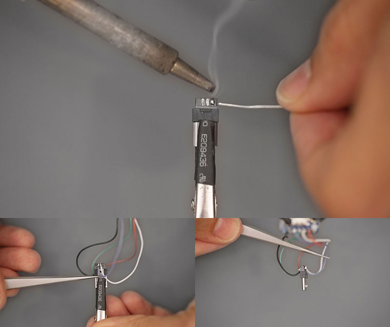 Strip/use third hand to hold wires while tinning