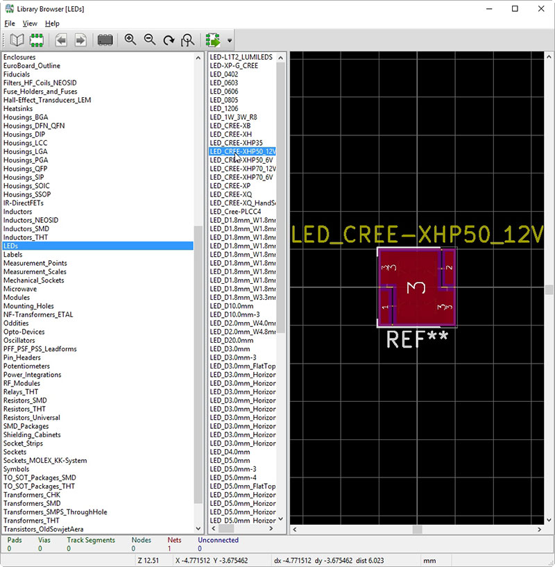 Navigate to the LEDs -> LED_CREE-XHP50_12V footprint