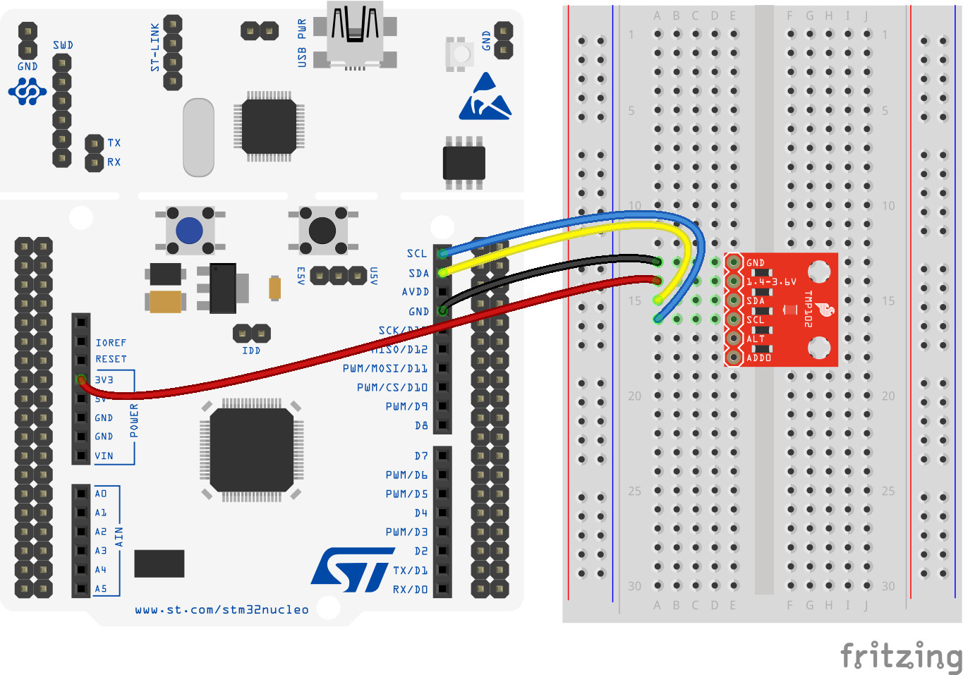 Fritzing diagram of STM32 and TMP102