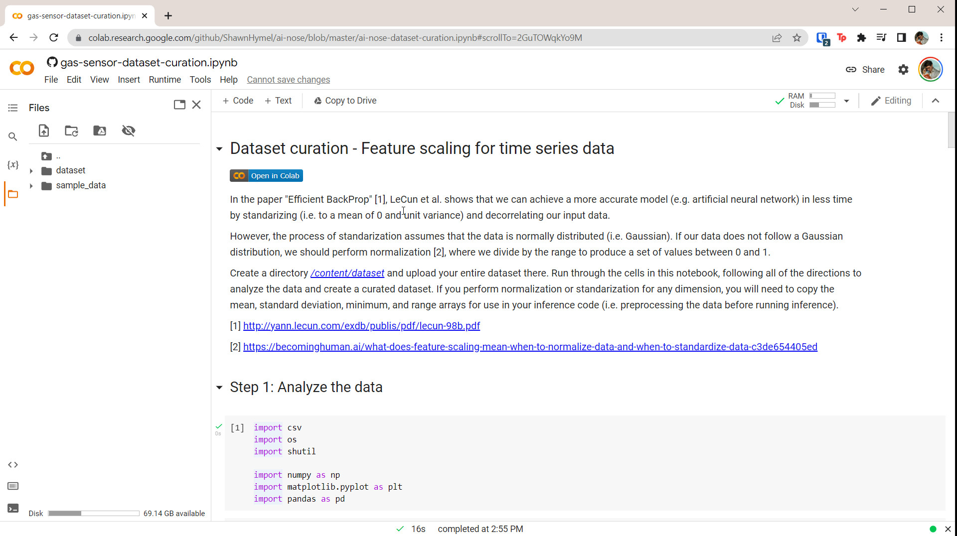 Perform feature scaling with Colab