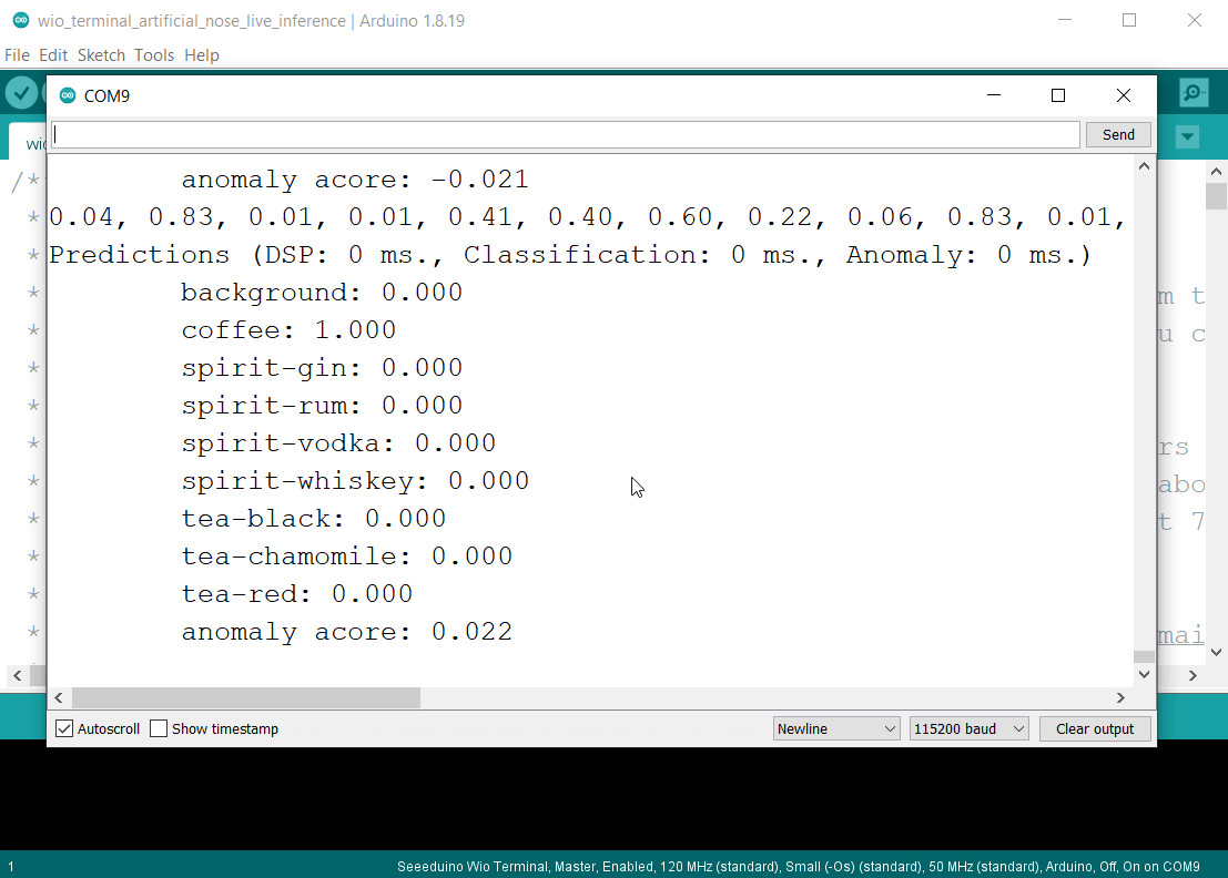 AI nose prediction results in Arduino Serial Terminal