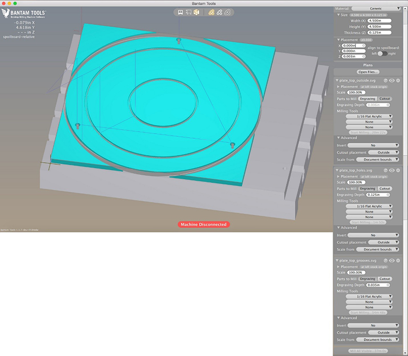 All of the settings needed to mill the top plate