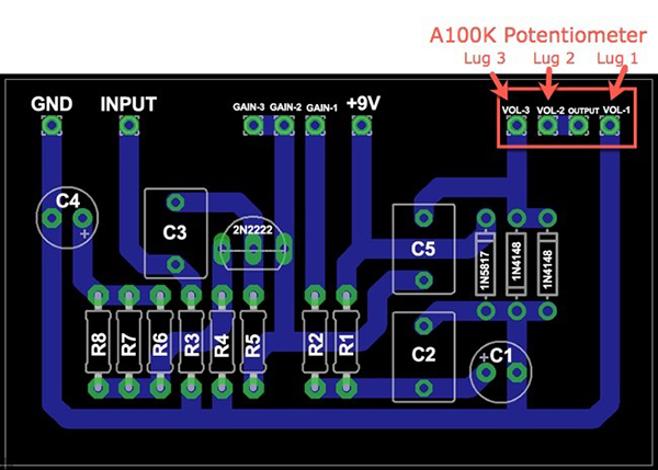 solder the A100K potentiometer to the board