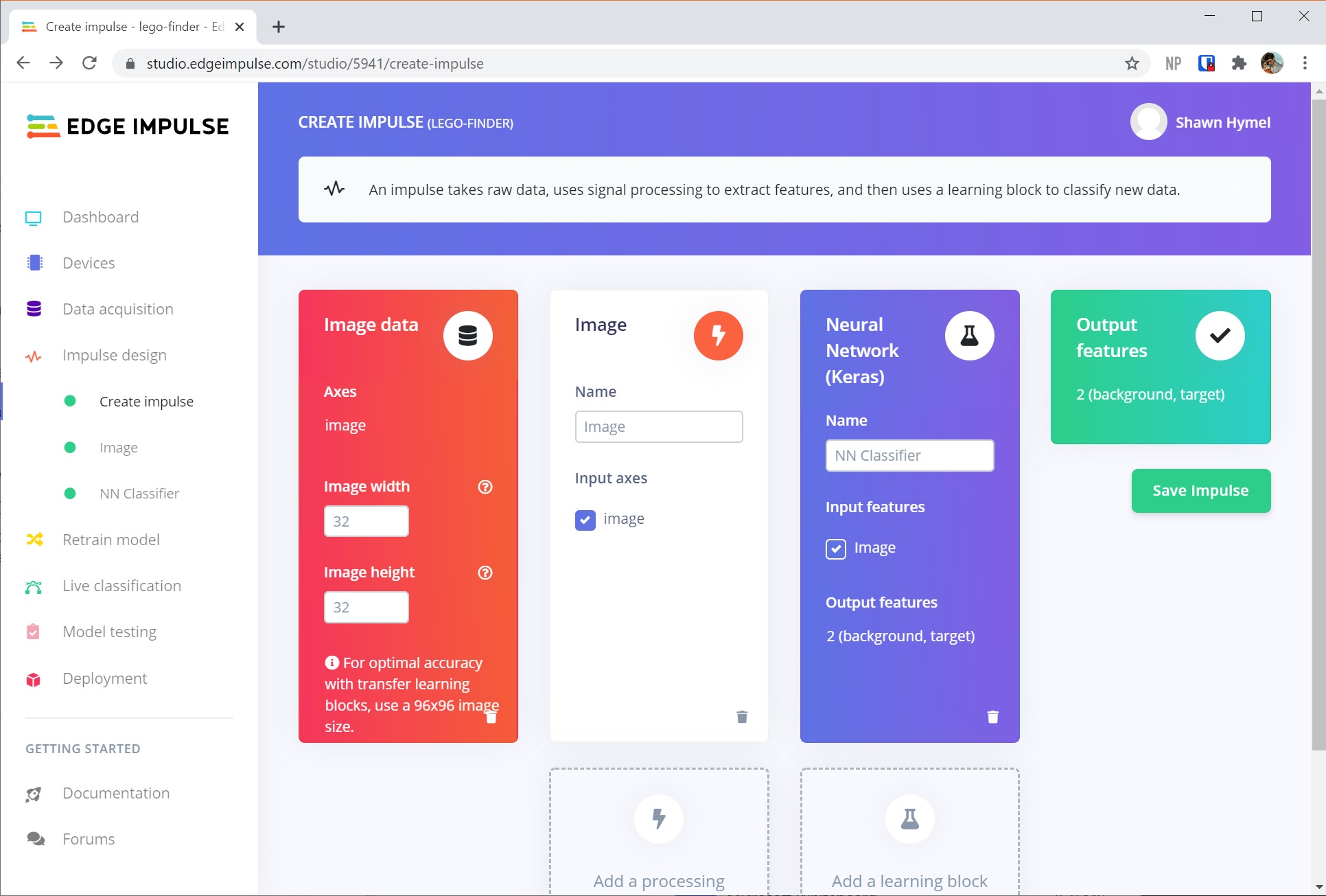 Create a data flow on Edge Impulse