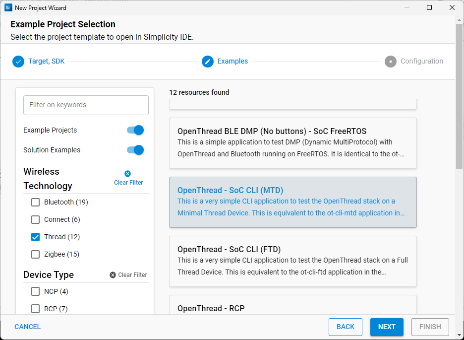 Select OpenThread MTD example in Simplicity Studio