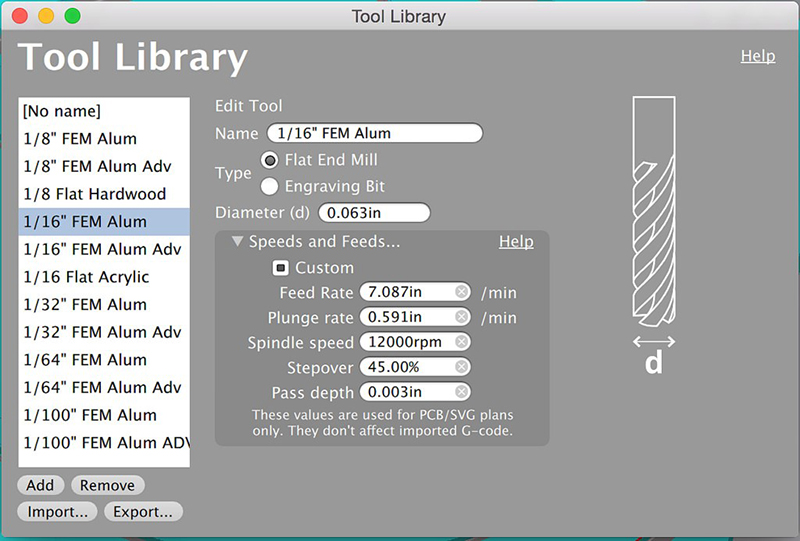 Settings for a 1/16" flat aluminum cutting bit