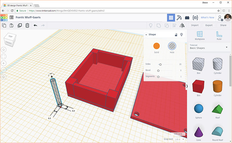 Drag a cylinder hole object to the workplane