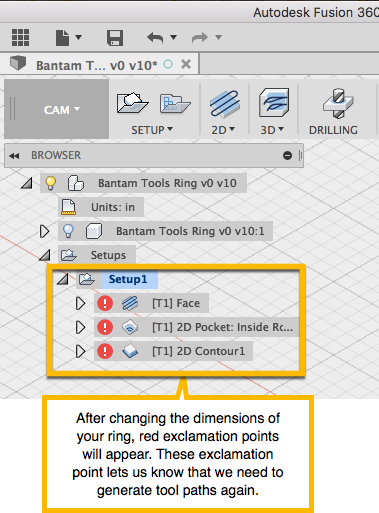 Notice red exclamation points next to each toolpath